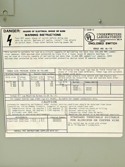 CUTLER-HAMMER - DH361UGK - HD SAFETY SWITCH - 30A/ 600VAC/250VDC/ 3 POLE/ TYPE 1