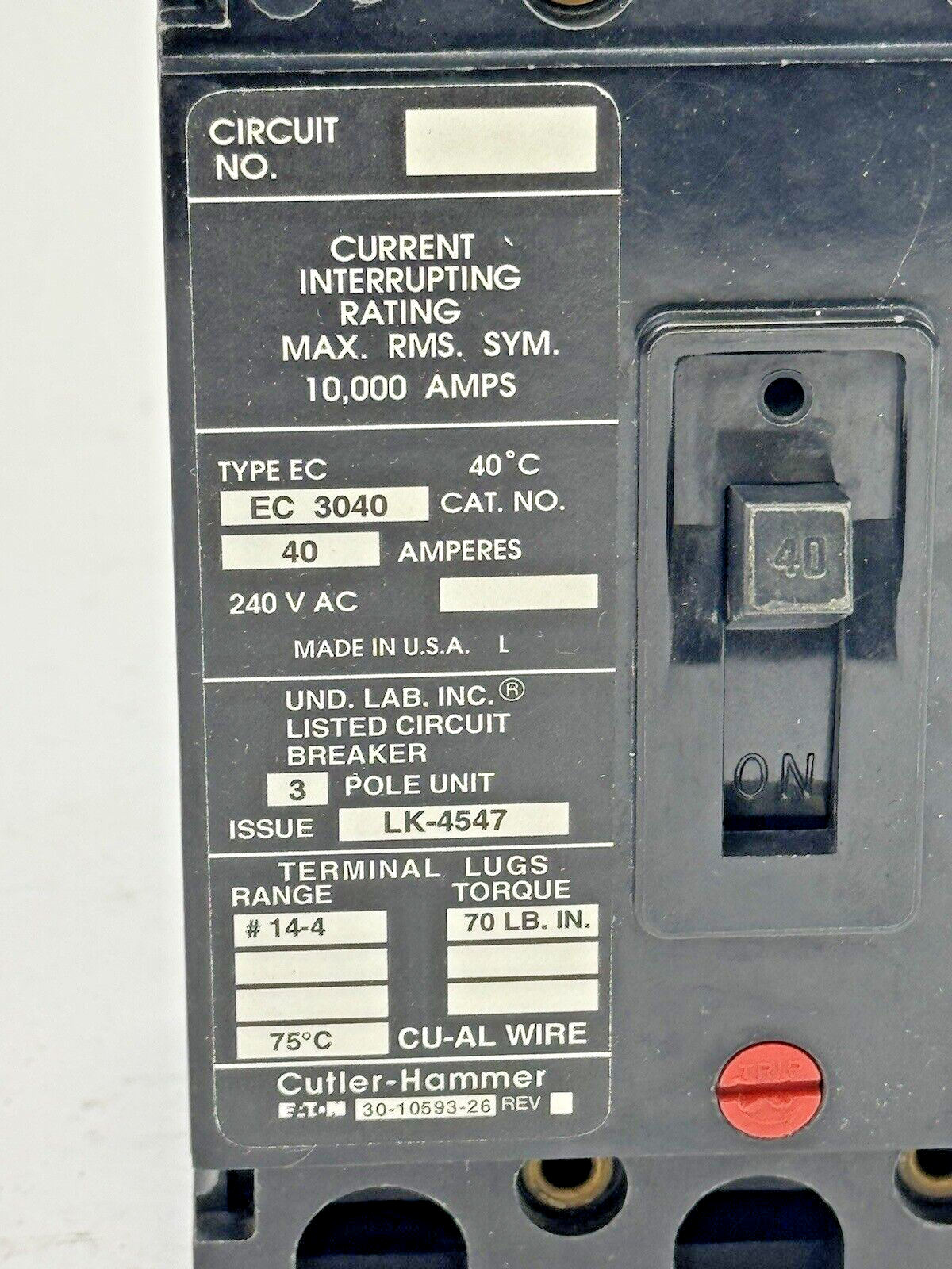 CUTLER-HAMMER / EATON - EC3040 - CIRCUIT BREAKER - 40A/ 240 VAC/ 3 POLE