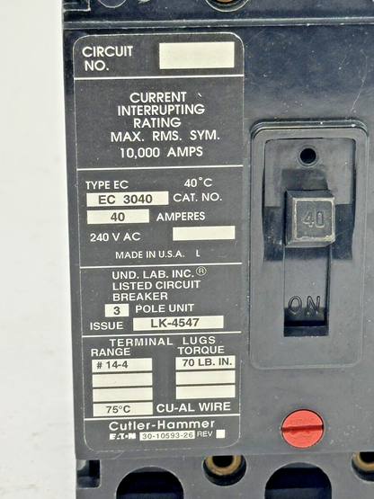 CUTLER-HAMMER / EATON - EC3040 - CIRCUIT BREAKER - 40A/ 240 VAC/ 3 POLE