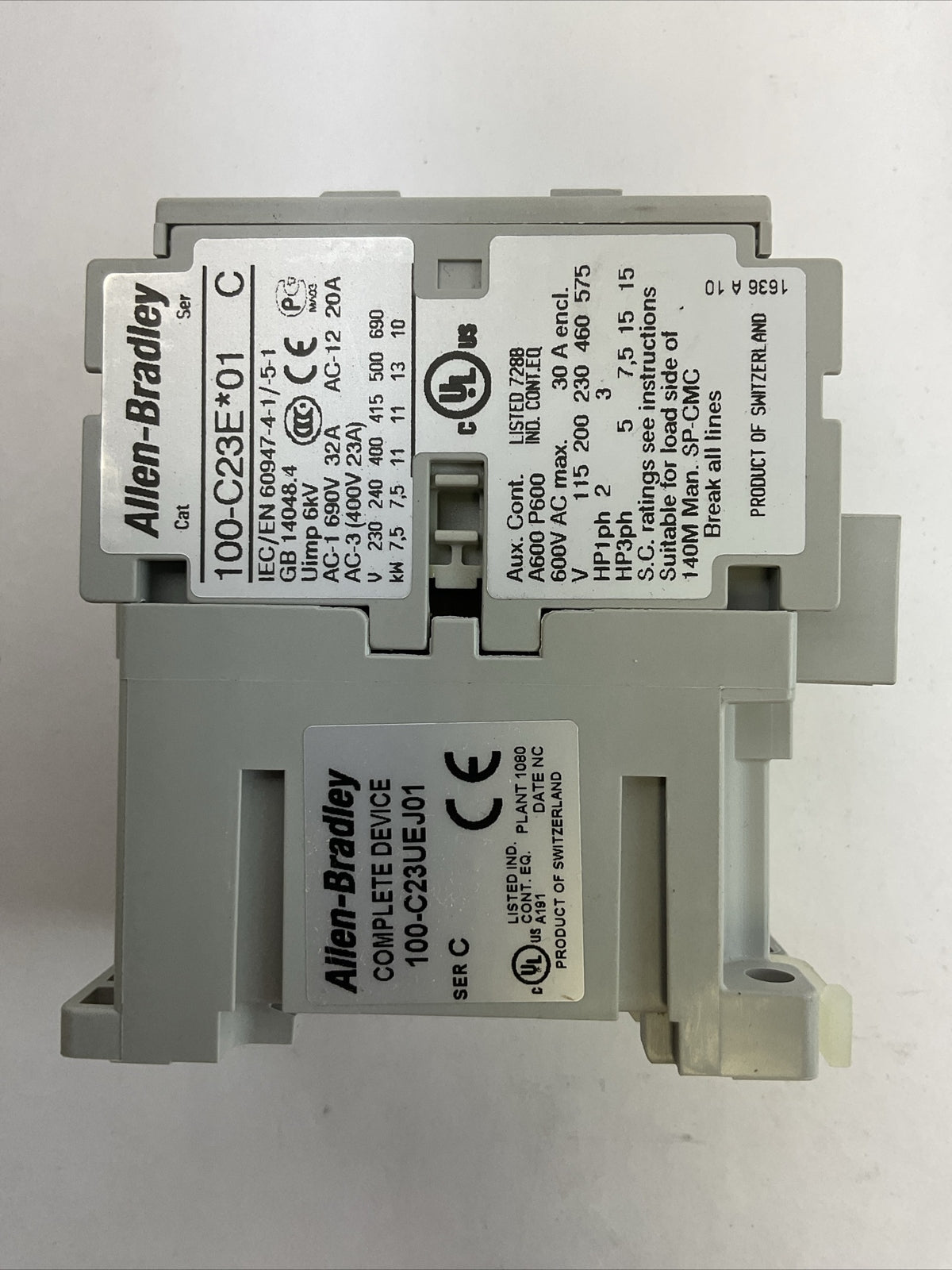ALLEN BRADLEY 100-C23UEJ01 CONTACTOR SER C 600VAC 30A 15HP 3PH COIL 24VDC