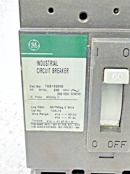 GE - TEB132060 - INDUSTRIAL CIRCUIT BREAKER  - 60 A, 240 VAC, 250 VDC, 3 POLE