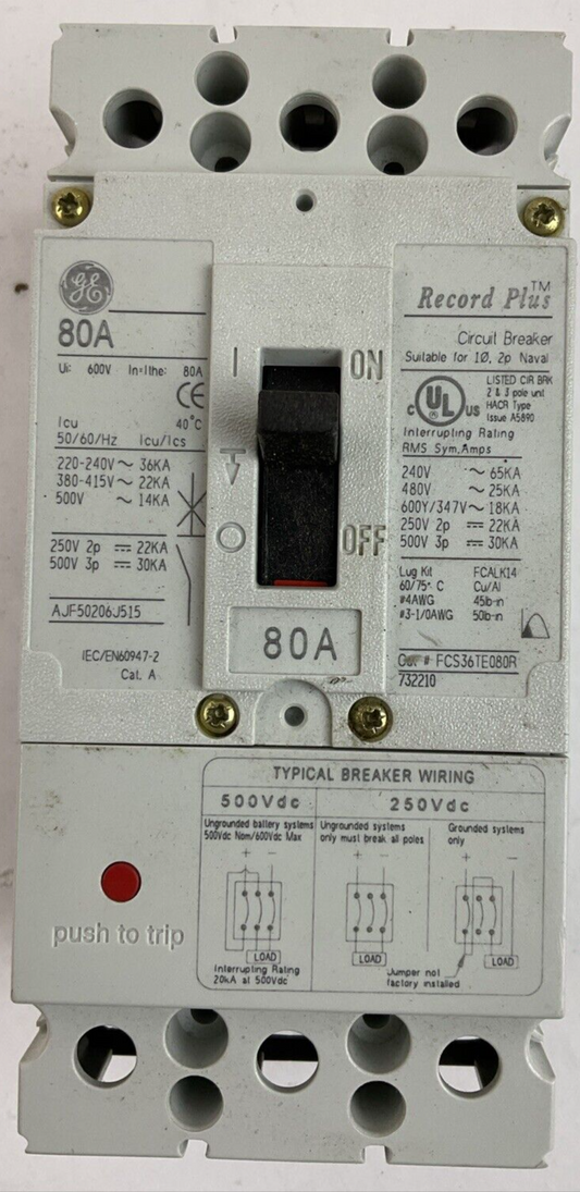 GE FCS36TE080R1 RECORD PLUS 80AMP 600V 3POLE CIRCUIT BREAKER GENERAL ELECTRIC