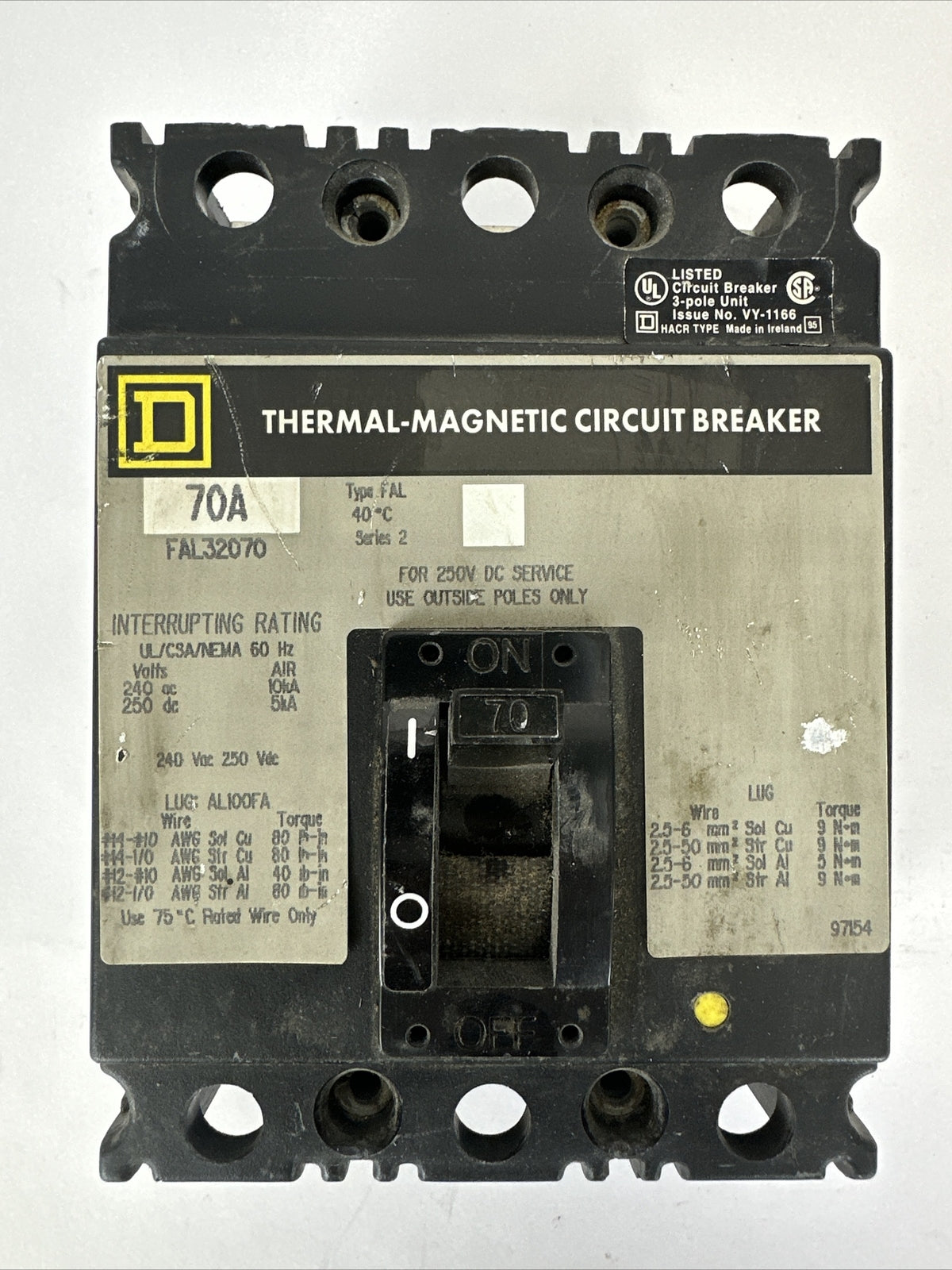 SQUARE D FAL32070 SERIES 2 CIRCUIT BREAKER 70AMP 240VAC 250VDC 3POLE THERMAL-