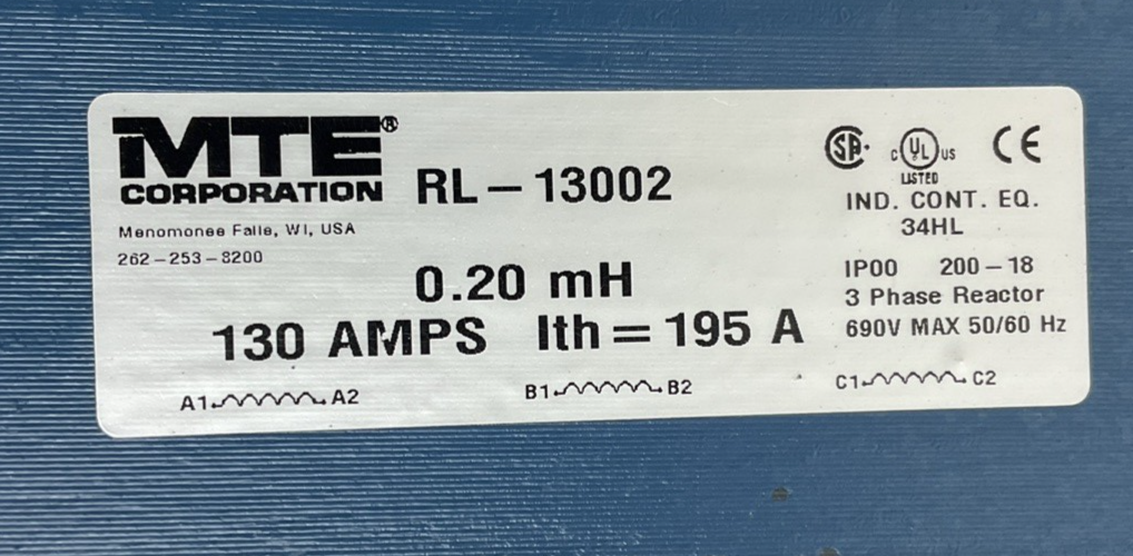 MTE RL-13002 TRANSFORMER 130AMPS 0.20MH 690V 50/60HZ