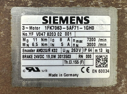 SIEMENS 1FK7063-5AF71-1GH0 SERVO MOTOR