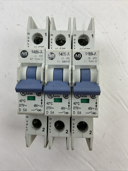 ALLEN BRADLEY 1489-A1D050 SER A CIRCUIT BREAKER 277VAC 48VDC 5AMP (LOT OF 3)
