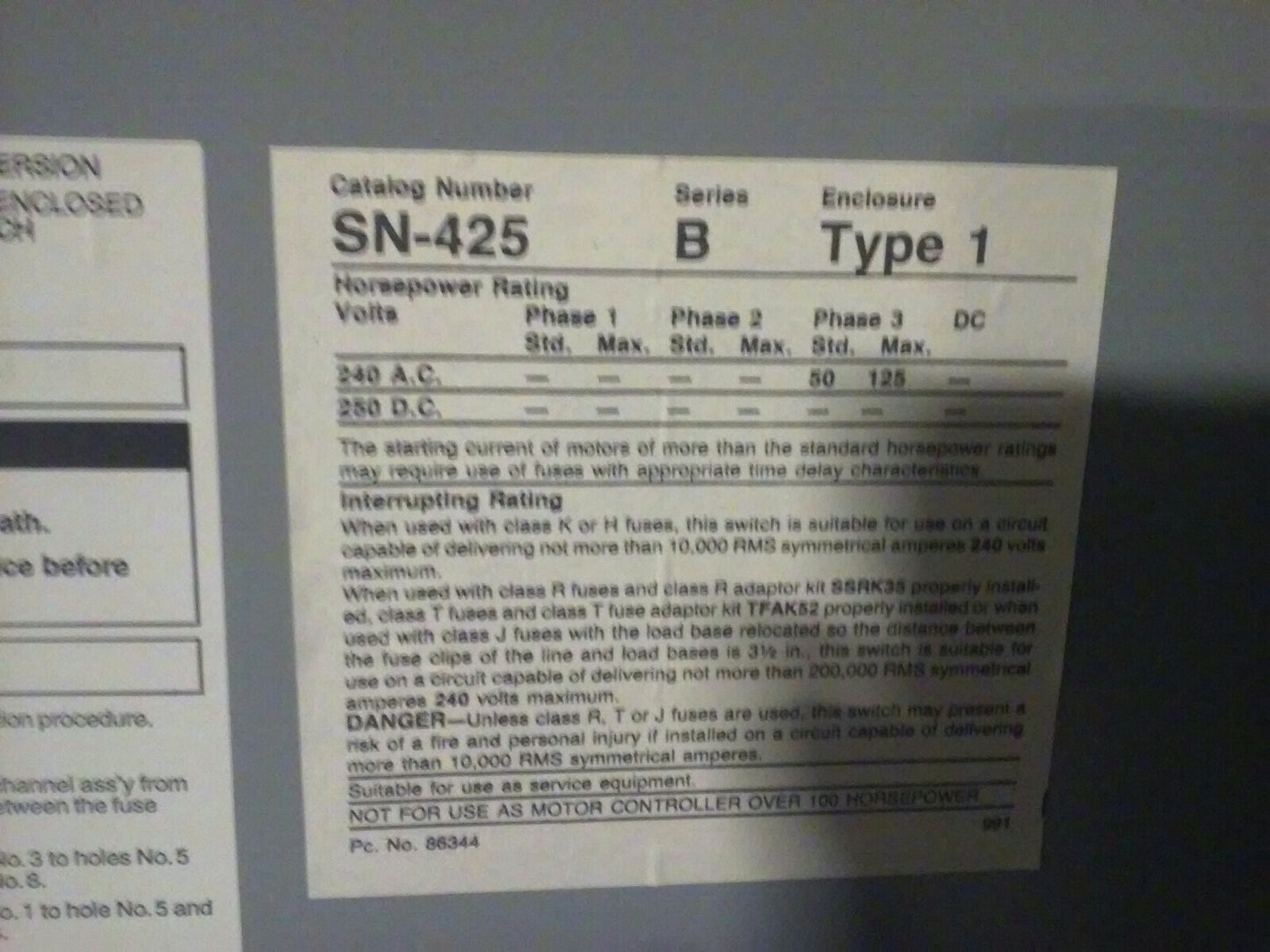 SIEMENS SN425 SER. B FUSIBLE SAFETY SWITCH 3PH 400A 240V 125HP TYPE 1 ENCLOSURE