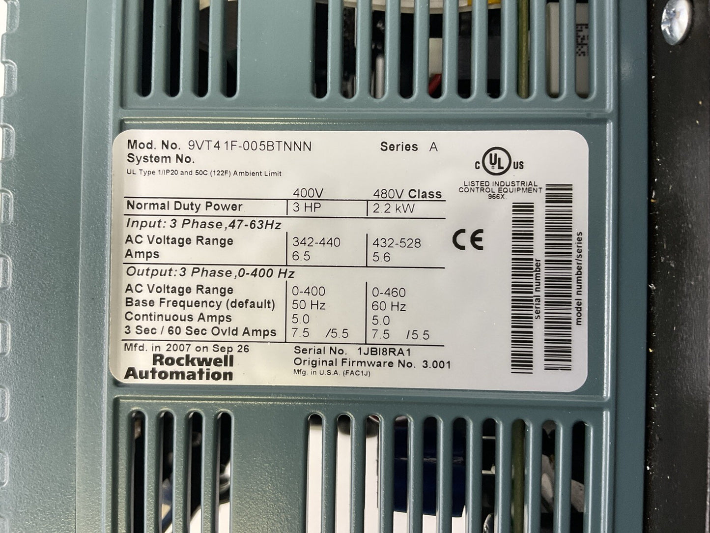 ROCKWELL AUTOMATION 9VT41F-005BTNNN AC DRIVE SER A 400V 3HP FIRMWARE NO 3.001