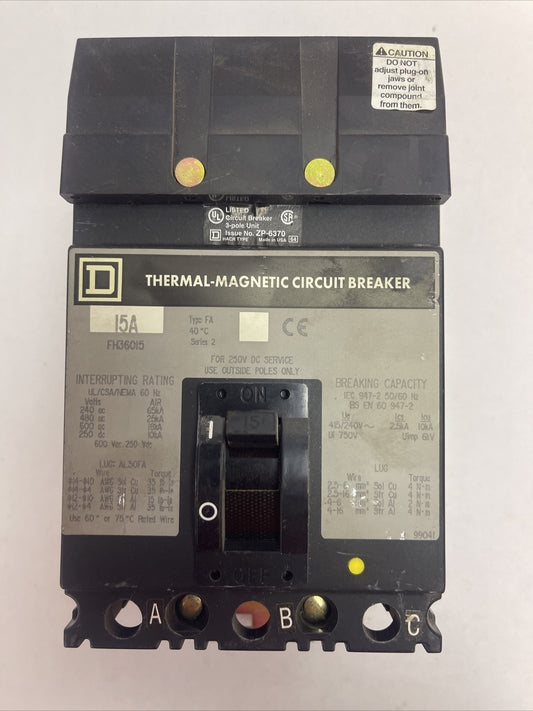 SQUARE D FH36015 CIRCUIT BREAKER 250VDC 600VAC 15AMP 3POLE