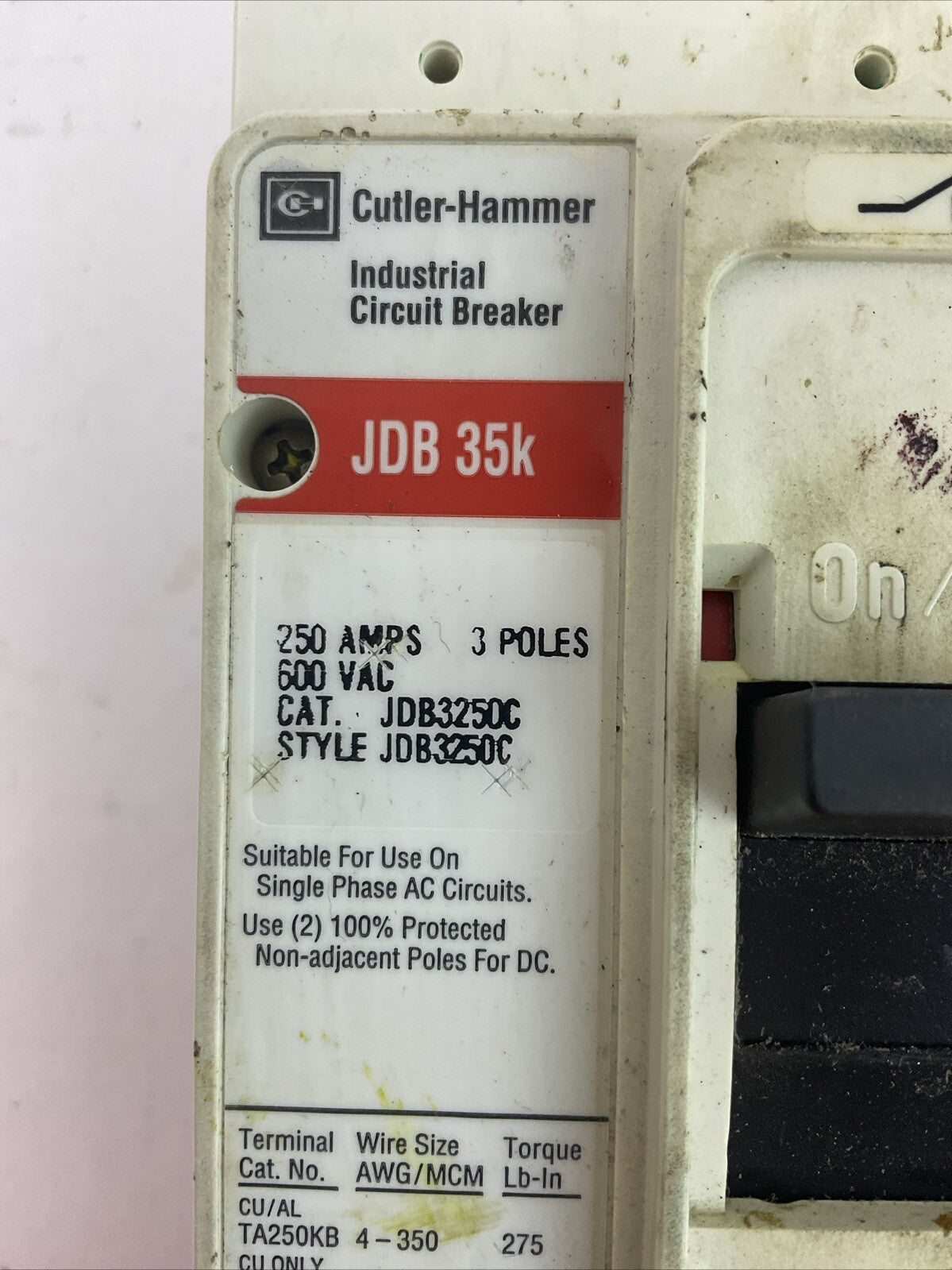CUTLER HAMMER JDB3250C CIRCUIT BREAKER 250AMP 600VAC 3P STYLE JDB3250C JT3250T