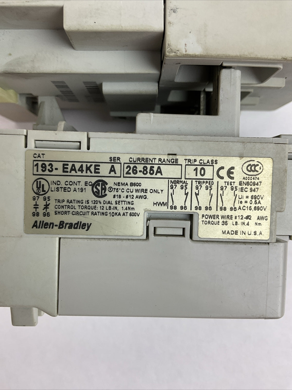 ALLEN BRADLEY STARTER (100-C85D*00 SER A CONTACTOR COIL 24VDC + 193-EA4KE RELAY)