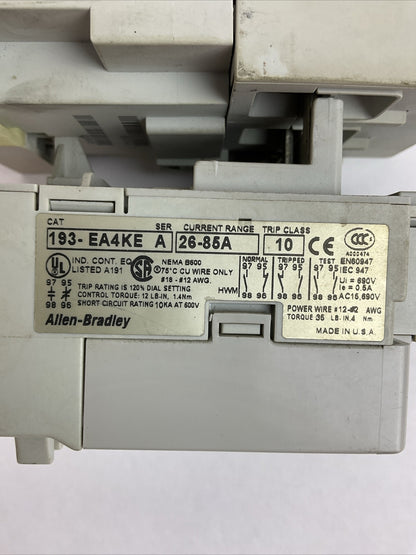 ALLEN BRADLEY STARTER (100-C85D*00 SER A CONTACTOR COIL 24VDC + 193-EA4KE RELAY)