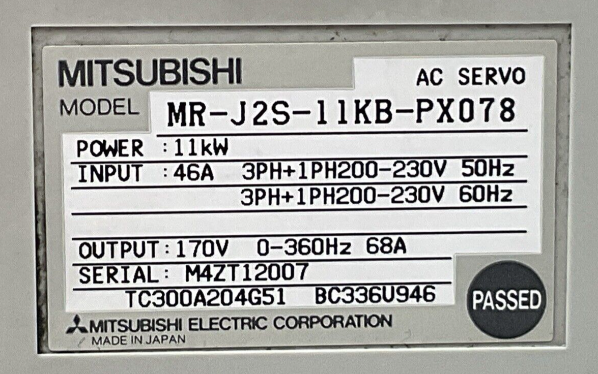 MITSUBISHI MR-J2S-11KB-PX078 AC SERVO OUTPUT 170VAC 68A INPUT 200-230VAC 46A