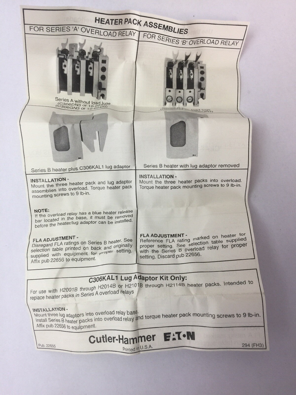 CUTLER HAMMER H2014A-3A 3 CLASS 20 SERIES B HEATER PACKS ASSEMBLED TO C306KAL1