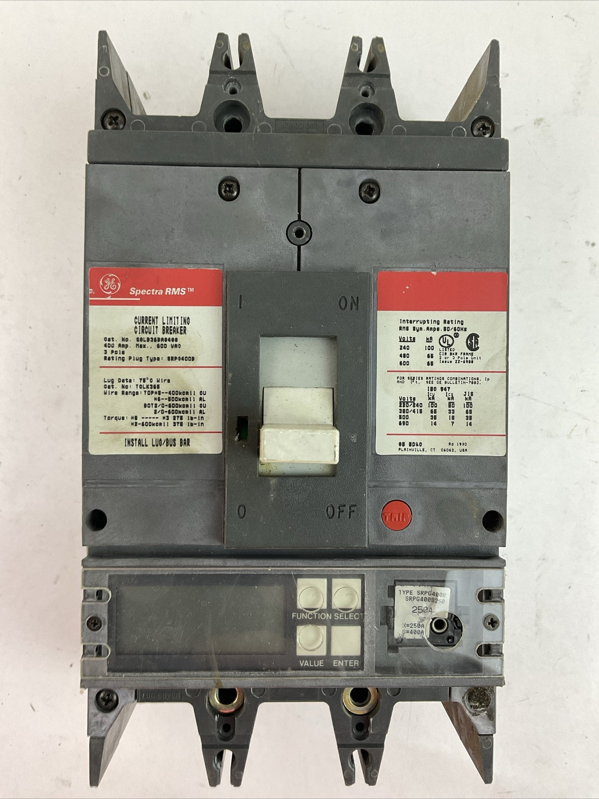 GE SGLB36BA0400 CURRENT LIMITING CIRCUIT BREAKER 400AMP 600VAC TRIP PLUG 250A