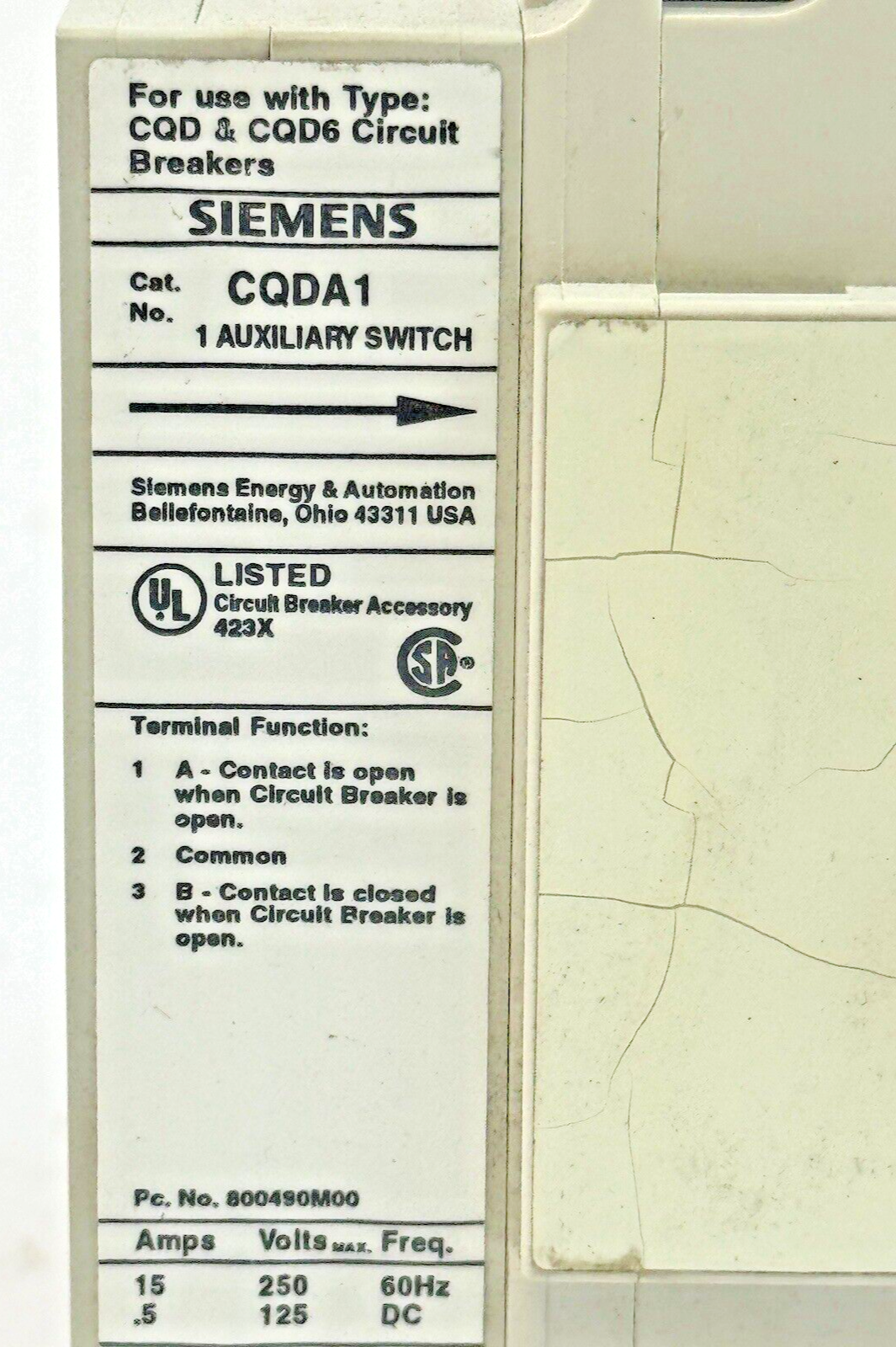SIEMENS - CQD360AD - BREAKER (CQD360 W/ CQDA1 AUX SWITCH) - 3 POLE/60A/480 VAC