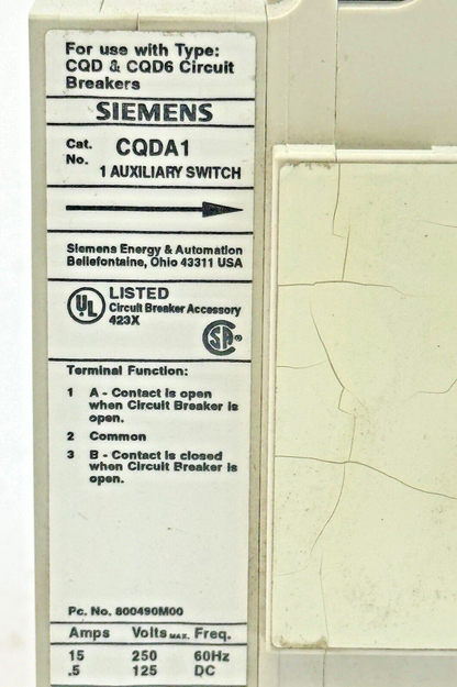 SIEMENS - CQD360AD - BREAKER (CQD360 W/ CQDA1 AUX SWITCH) - 3 POLE/60A/480 VAC