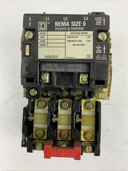 SQUARE D 8536SBG2 SIZE 0 STARTER 600VAC 5HP B4.85 HEATERS 31041-400-42 COIL 120V