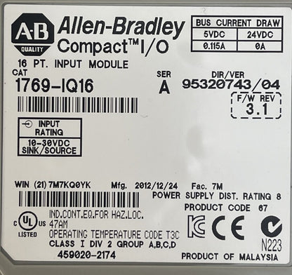 ALLEN BRADLEY 1769-IQ16 SER A F/W REV 3.1 DIR/VER 95320743/04 COMPACT I/O 16PT