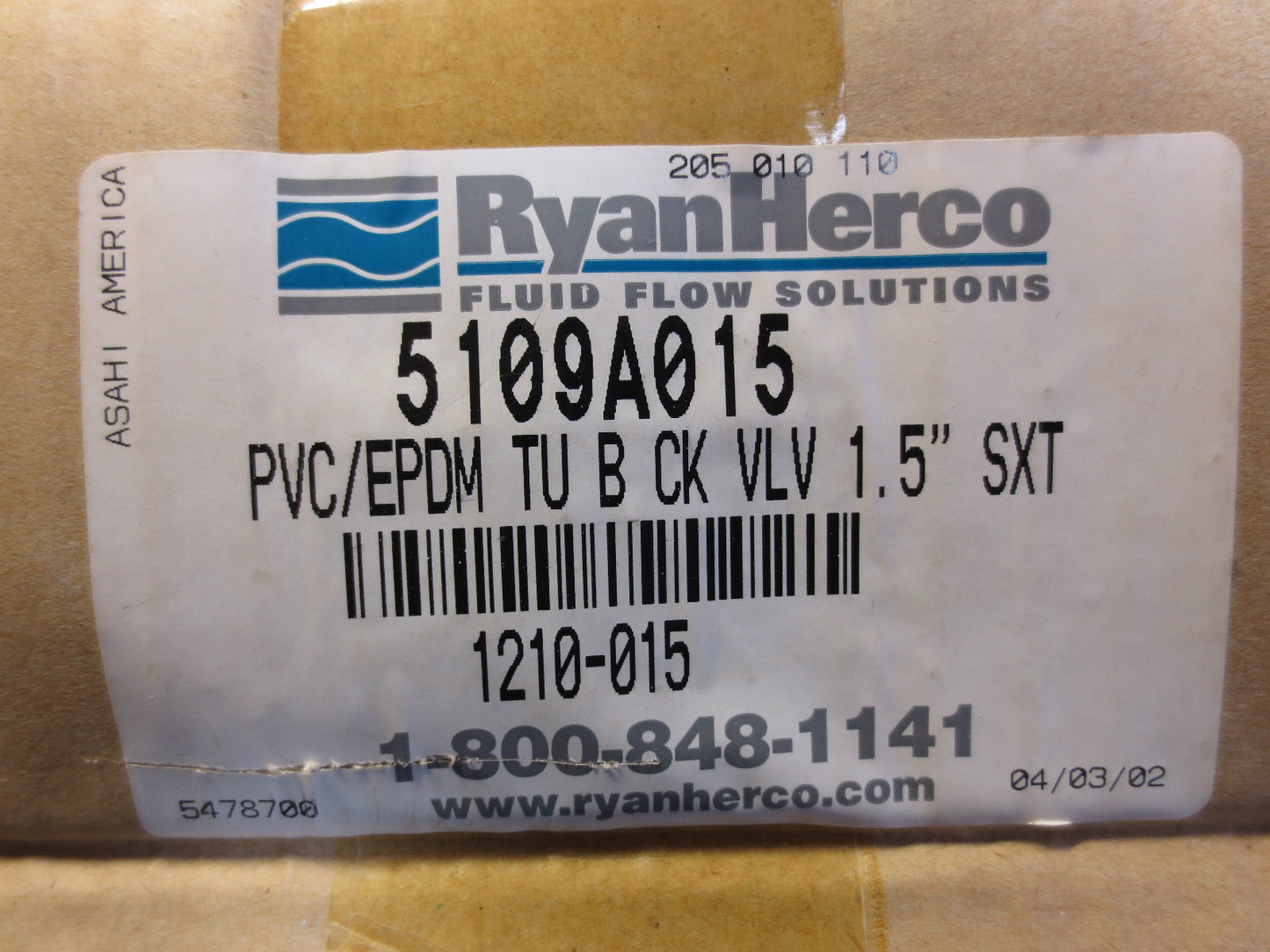 RYANHERCO 5109A015 TRUE UNION BALL CHECK VALVE PVC 150psi 01B00312F 1210-015 1.5