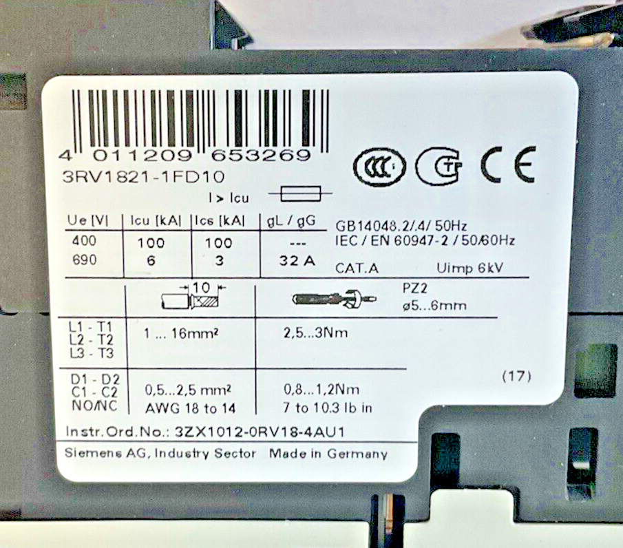 SIEMENS 3RV1821-1FD10 COMBINATION MOTOR CONTROL 5A