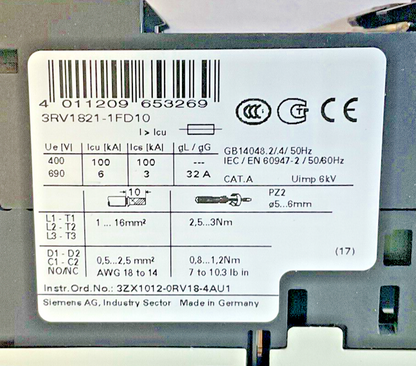 SIEMENS 3RV1821-1FD10 COMBINATION MOTOR CONTROL 5A
