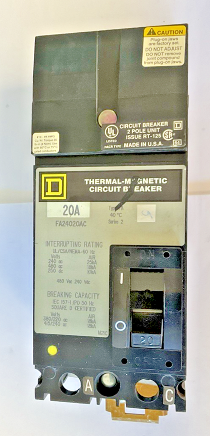 SQUARE D FA24020AC I-LINE MOLDED CIRCUIT BREAKER  20 AMP 2P 480VAC SER.2