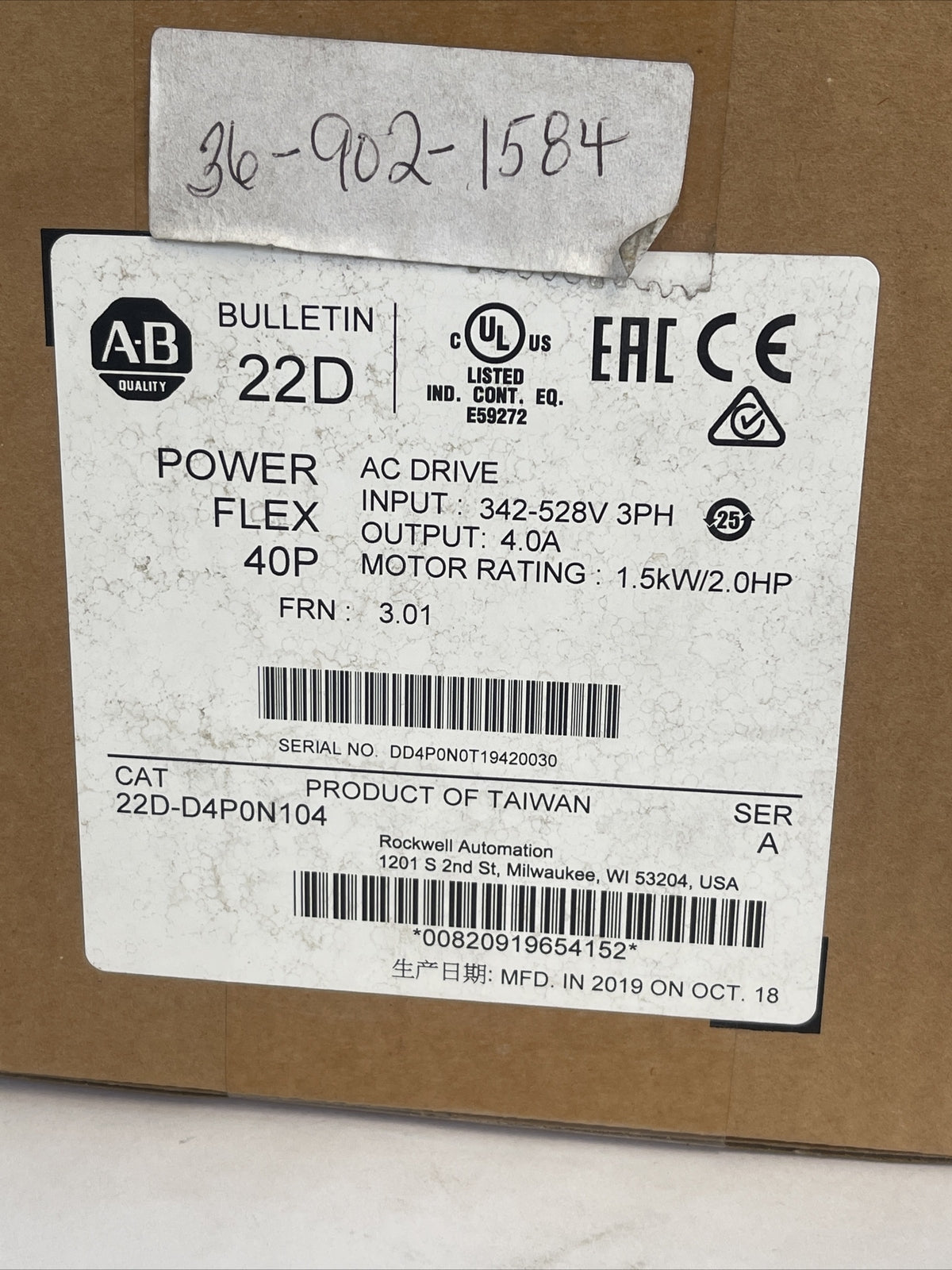 ALLEN BRADLEY 22D-D4P0N104 AC DRIVE POWER FLEX 40P FRN 3.01 OUTPUT 4A 1.5kW/2HP