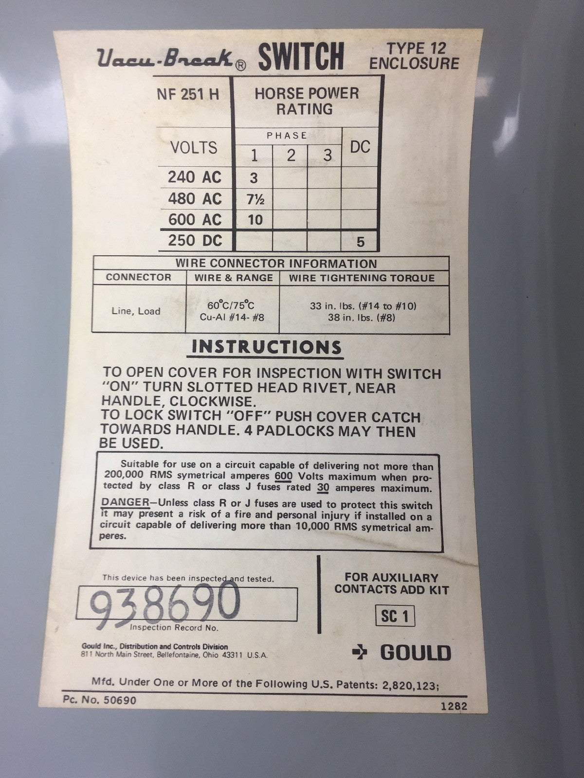 GOULD ITE NF251H VACU-BREAK SWITCH W/CLAMPMATIC CONTACTS 600 VAC 30 AMP 1 PHASE