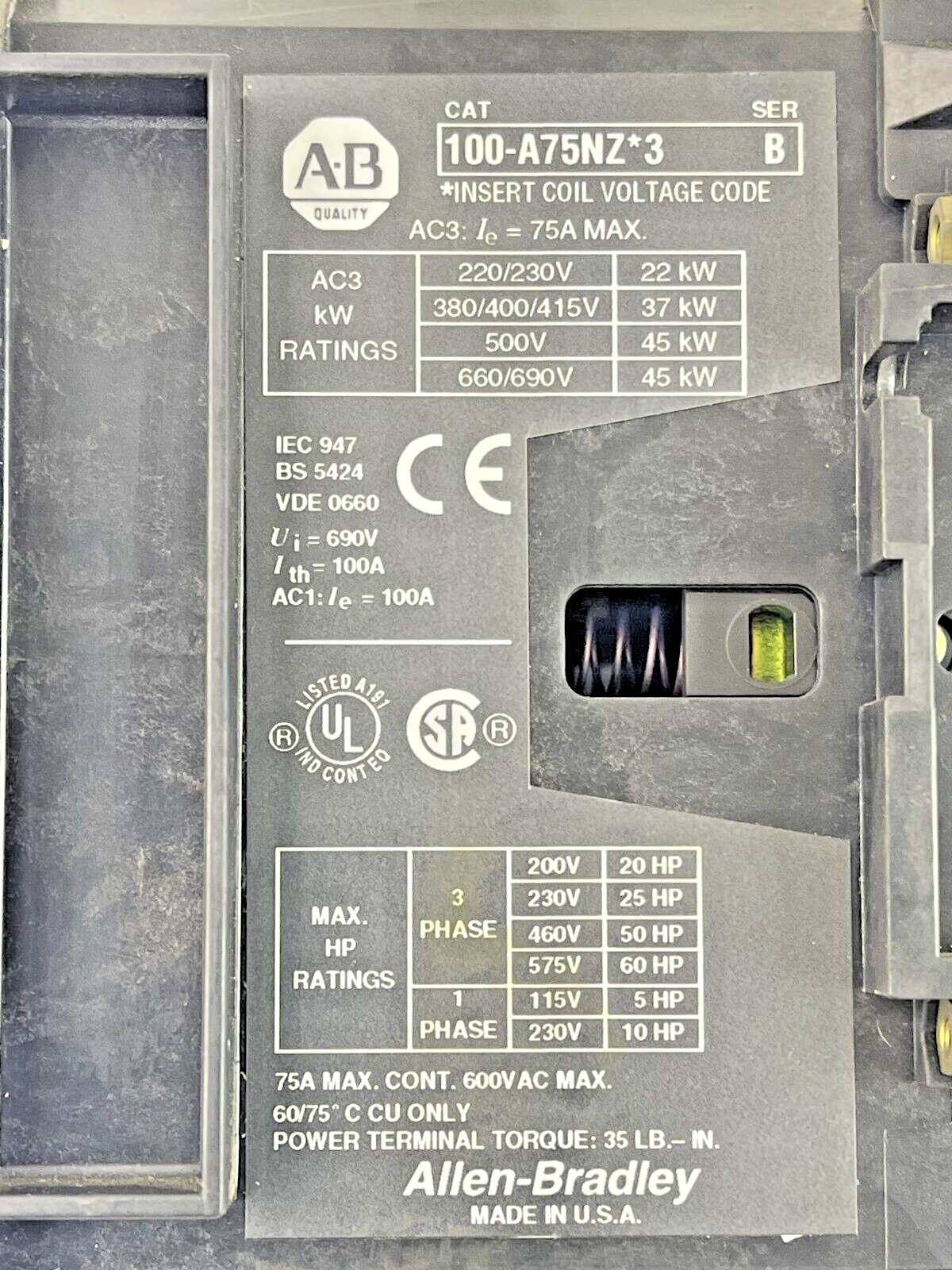 ALLEN-BRADLEY-100A75NZ*3 SER. B-24V COIL, 75A, 600VAC, 3 POLE & 195-GA10 SER. A