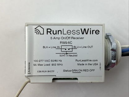 RUN LESS WIRE RW9-5C 5AMP ON/OFF RECEIVER 100-277VAC 50/60HZ