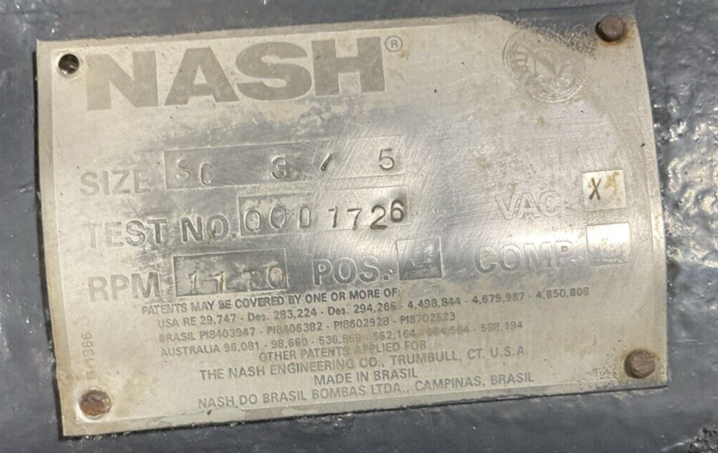 NASH SIZE SC 3/5 1170RPM VAC VACUUM PUMP