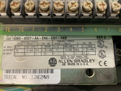 ALLEN BRADLEY 1336S-B007-AA-EN4-GM1-HAB SER D 1336 PLUS SENSORLESS VECTOR DRIVE