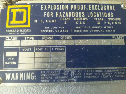 SQUARE D CLASS 8903 TYPE SMR4 8903-SMR4 EXPLOSION PROOF ENCLOSURE SER. A 10x7x7