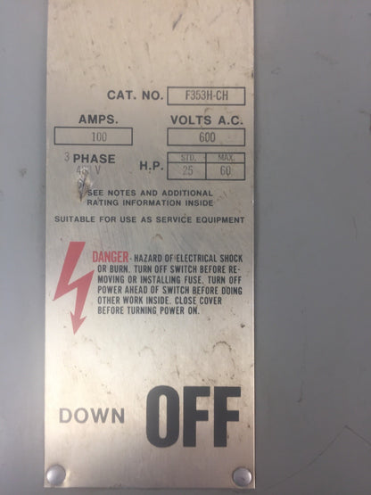 GOULD I-T-E F353H-CH FUSIBLE SAFETY SWITCH 600VAC 250VDC 100AMP 3PH 75HP 3 POLE