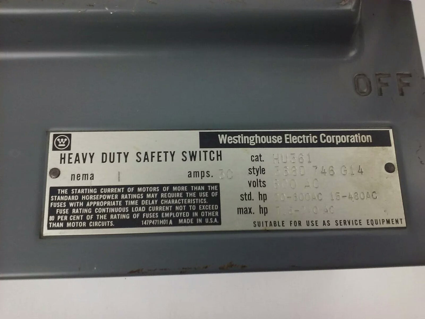 WESTINGHOUSE HU361, H.D. SAFETY SWITCH, 30A, 600V, 3P NON FUSIBLE, INDOOR, NEW