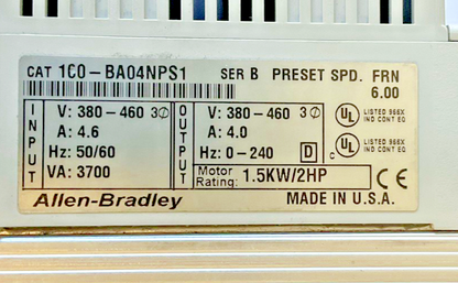 ALLEN BRADLEY 160-BA04NPS1 VARIABLE SPEED CONTROLLER FRN:6.00 460V 3PH 4.6A