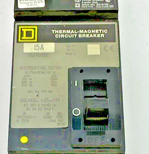 SQUARE D FA24015BC CIRCUIT BREAKER 15A SER.2 480VAC 250VAC 2POLE