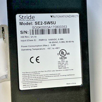 AUTOMATION DIRECT STRIDE SE2-SW5U ETHERNET SWITCH HW. REV V1.10 9-60VDC 0.38A