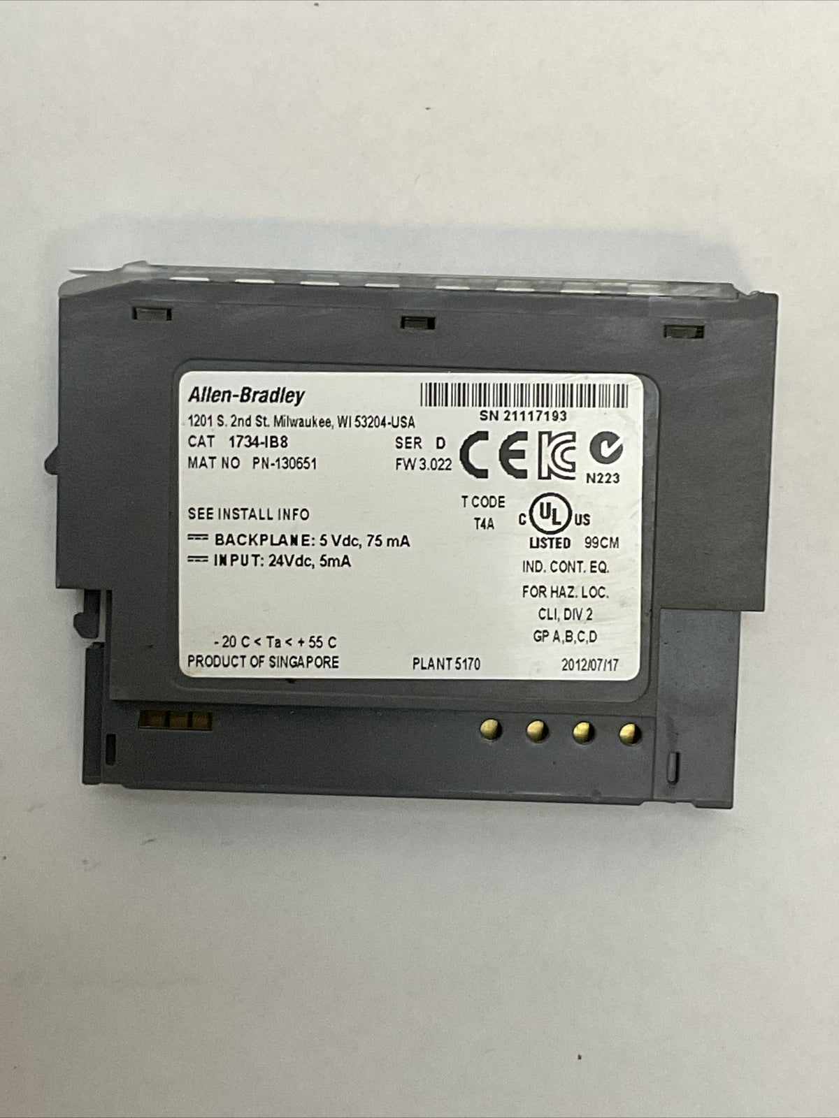 ALLEN BRADLEY 1734-IB8 INPUT MODULE SER D FW 3.022