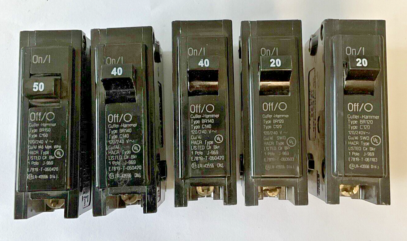 CUTLER HAMMER BR120(2x),BR140(2X),BR150(1X) CIRCUIT BREAKER 120/240VAC**LOTOF5**