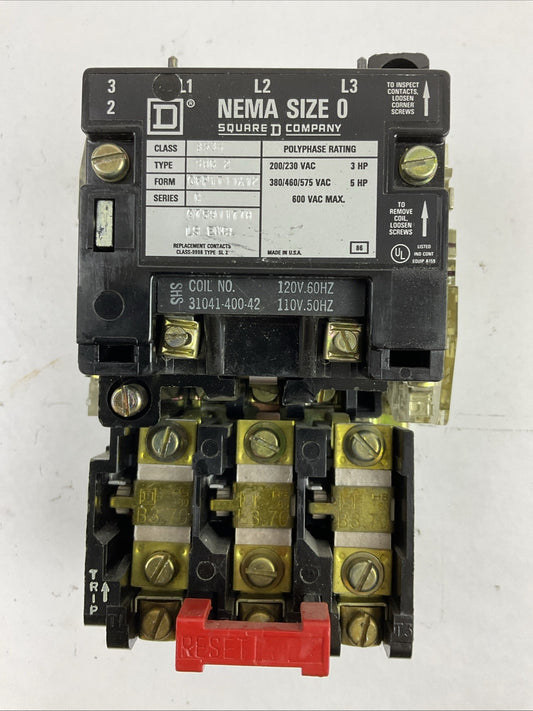 SQUARE D 8536SBG2 SIZE 0 STARTER 600VAC 5HP B3.70 HEATERS 31041-400-42 COIL 120V