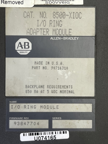 ALLEN BRADLEY 8500-XIOC I/O RING ADAPTER MODULE 90716210 FIRMWARE REV 93847704
