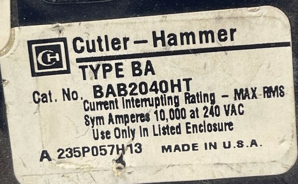 CUTLER HAMMER / WESTINGHOUSE BAB2040HT CIRCUIT BREAKER 40AMP 2POLE 240VAC