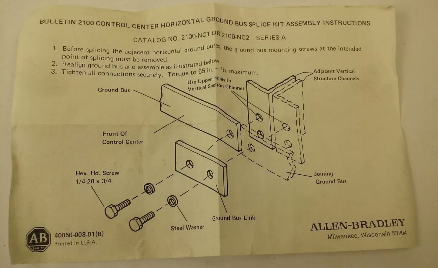 ALLEN BRADLEY 2100-NC2 HARDWARE KIT RENEWAL PARTS, 2100NC2, 2100