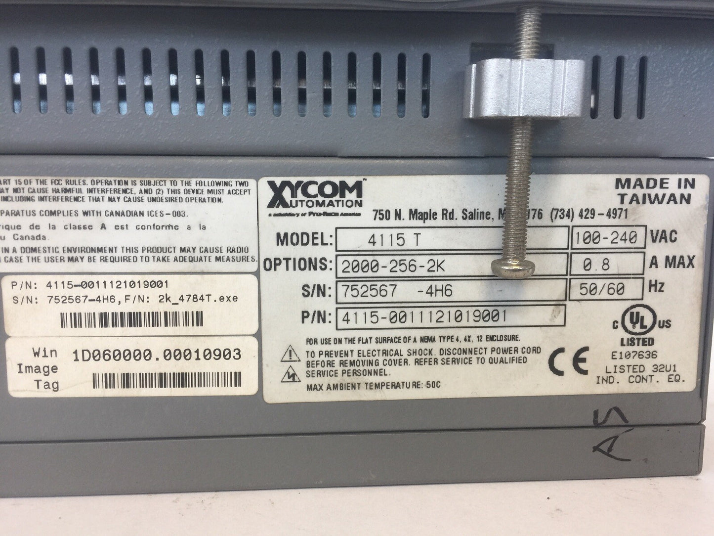 XYCOM 4115T INDUSTRIAL COLOR TOUCH MONITOR 100-240VAC 2000-256-2K OPTION 0.8A