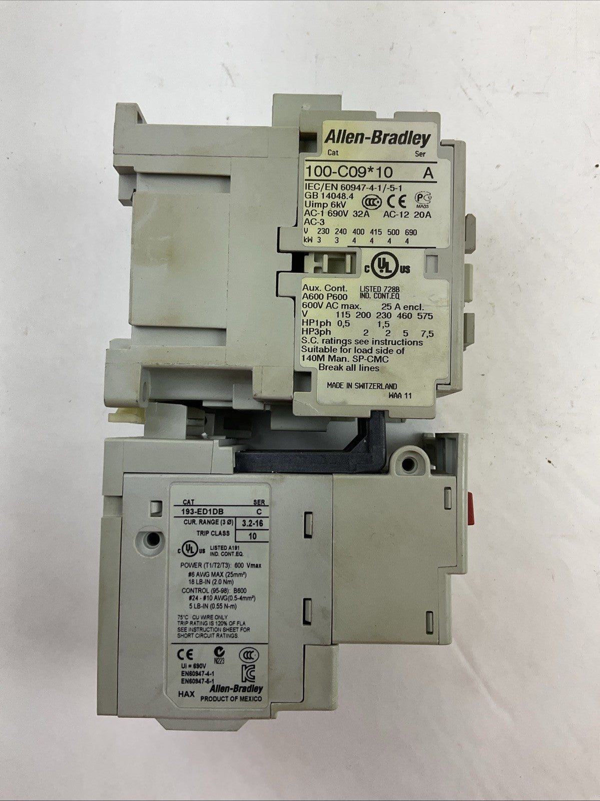 ALLEN BRADLEY STARTER (100-C09*10 CONTACTOR COIL 120V 193-ED1DB RELAY 3.2-16AMP)