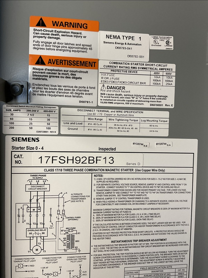 SIEMENS 17FSH92BF13 FUSIBLE COMBINATION STARTER 600VAC 10HP COIL 120V
