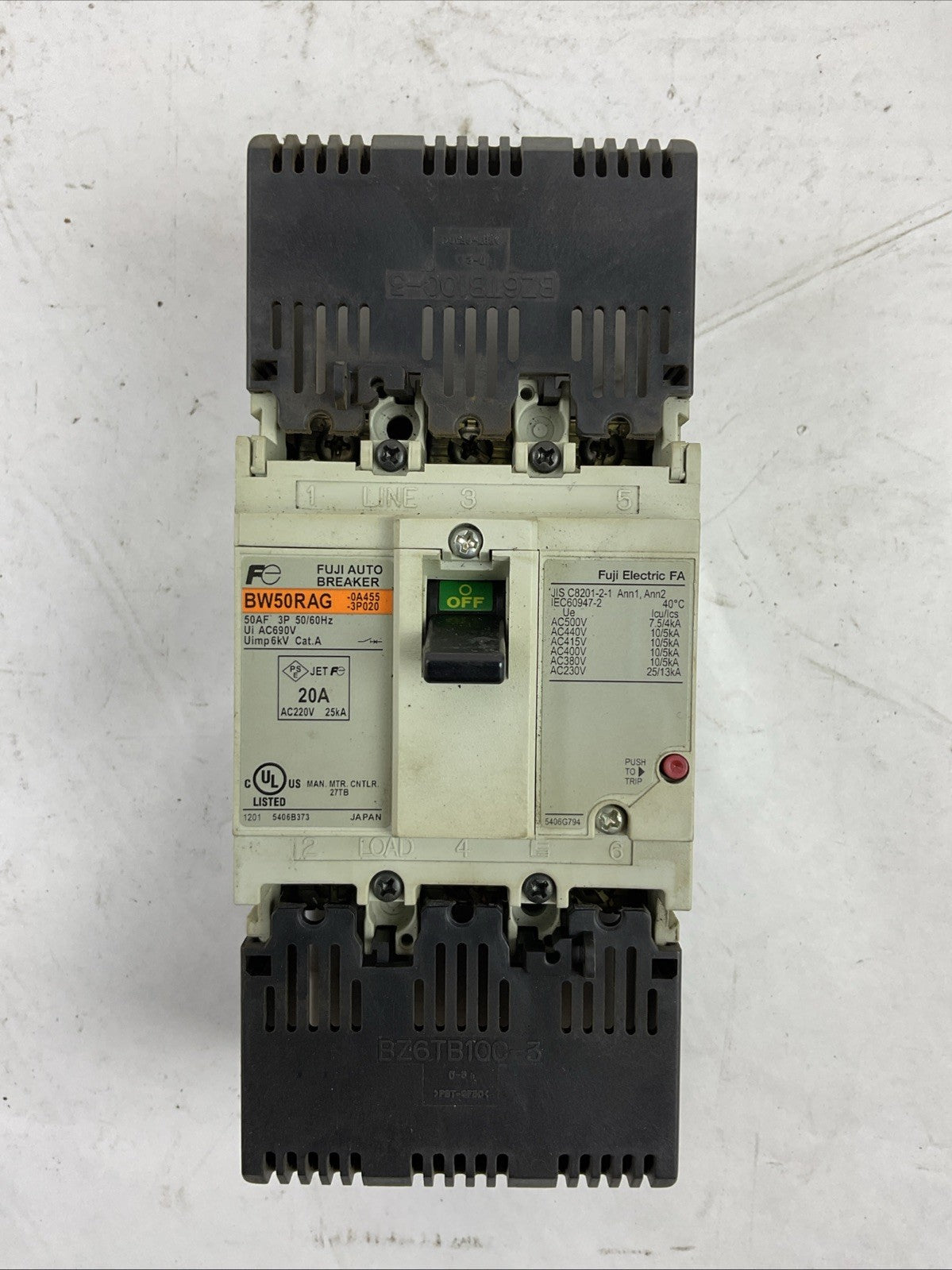 FUJI BW50RAG-3P020 20A AUTO BREAKER 550-600VAC 3PH 7.5HP