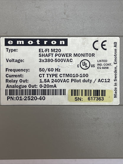 EMOTRON EL-FI M20 SHAFT POWER MONITOR 3X380-500VAC RELAY OUT 1.5A 240VAC